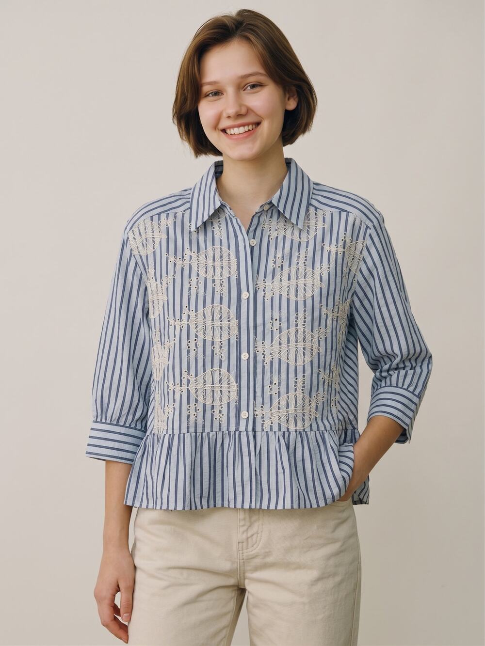 NWOT Doe and Rae Striped Button Down Shirt Small Floral Embroidery Ruffle Hem